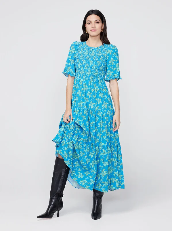 Gracie Blue Vintage Leaf Print Shirred Dress Preppy unclassified dresses