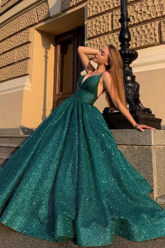 Green A-Line V-Neck Glitter Spaghetti Straps Formal Prom Dress Stylish unclassified dresses