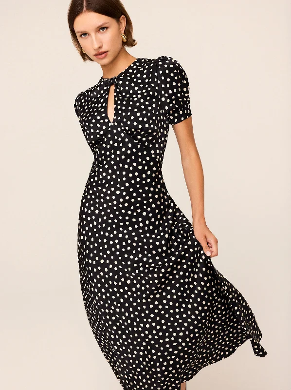 Gwendolyn Black Polka Dot Print Dress Off-shoulder unclassified dresses