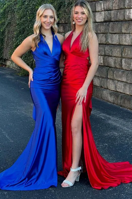 Halter V-Neck Mermaid Sleeveless Pleated Satin Prom Dress with Slit Halter unclassified dresses