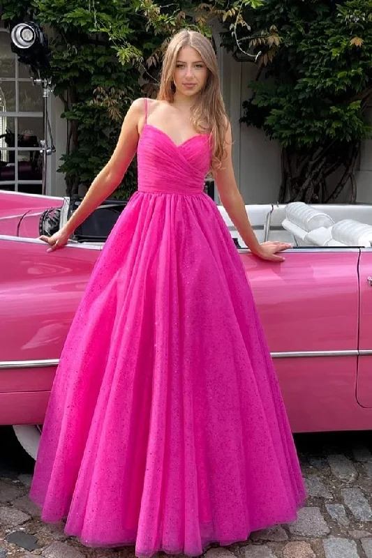 Hot Pink Spaghetti Straps V-Neck Pleated A-Line Prom Dress Everyday wear unclassified dresses