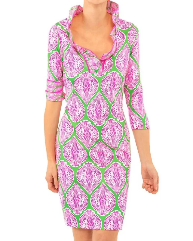 Indian Summer Ruffle Neck Dress in Green/Pink Formal unclassified dresses