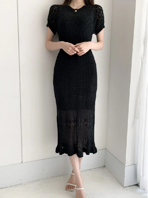 Elegant Knitted Short Sleeves Dress Bohemian Mini Skirt