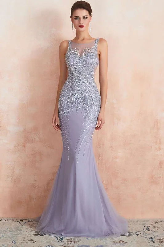 Lavender Round-Neck Sleeveless Mermaid Dress with Beading Silk unclassified dresses