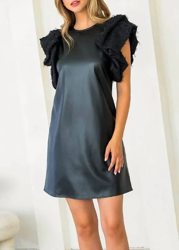 Leather Puff Flutter Sleeve Dress in Black Polka dot unclassified dresses