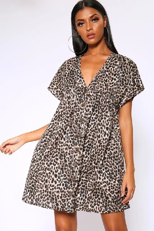 Brown Leopard Print Button Front Smock Dress Bold pattern unclassified dresses