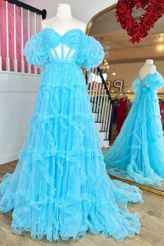 Light Blue Sheer Corset Ruffles A-Line Prom Dress with Puff Sleeves Tiered unclassified dresses