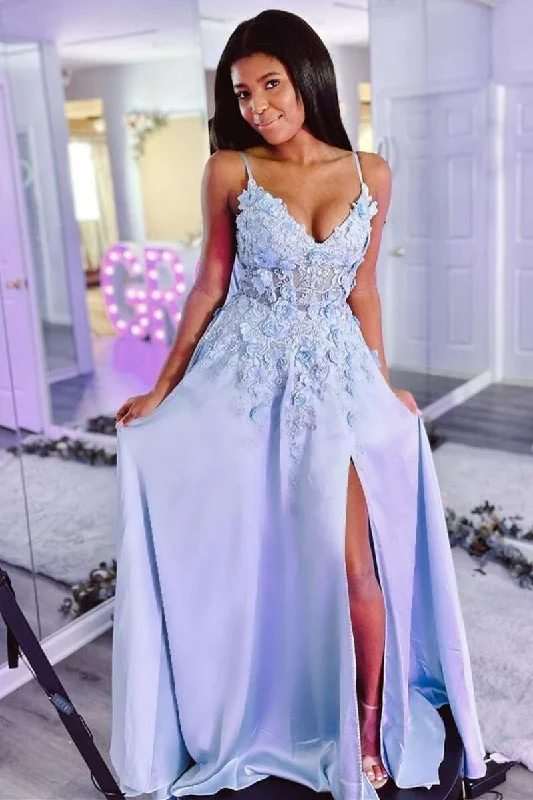 Light Blue V-Neck Backless A-Line Prom Dress with 3D Flowers Preppy unclassified dresses