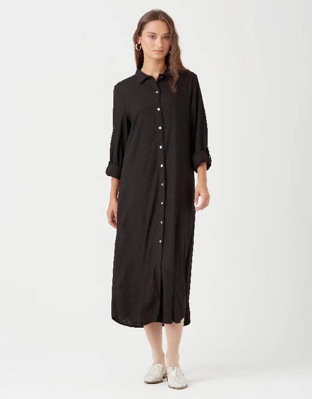 Linen Button Down Dress with Tabbed Sleeves Black Everyday wear unclassified dresses