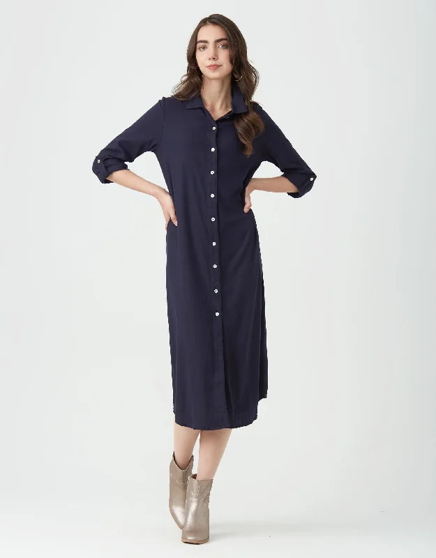 Linen Button Down Dress with Tabbed Sleeves Navy Engagement unclassified dresses