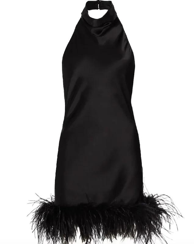 Lunaria Silk Halter Dress With Feather Trim in Black Chiffon unclassified dresses