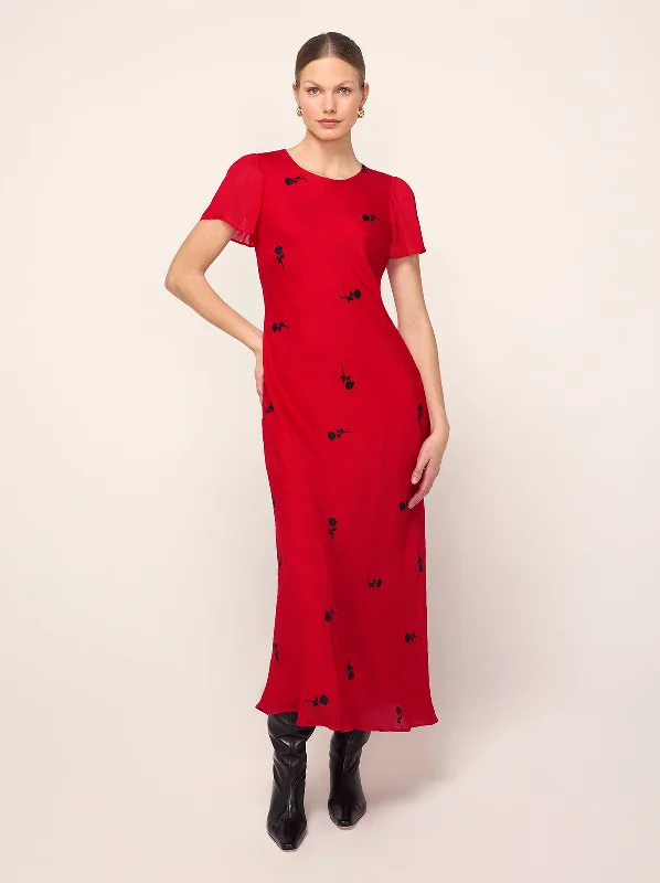 Marie Red Rose Embroidered Dress Polka dot unclassified dresses