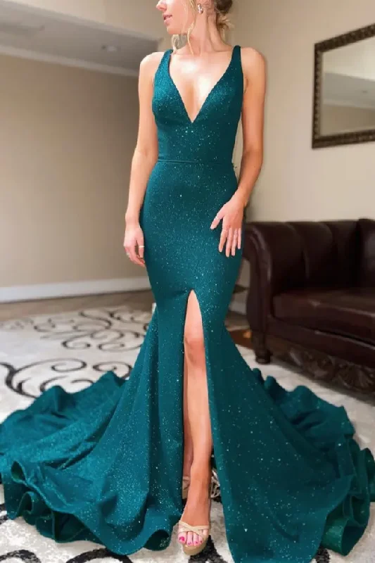 Mermaid Low V-Neck Sleeveless Ruched Formal Prom Dress with Slit Engagement unclassified dresses