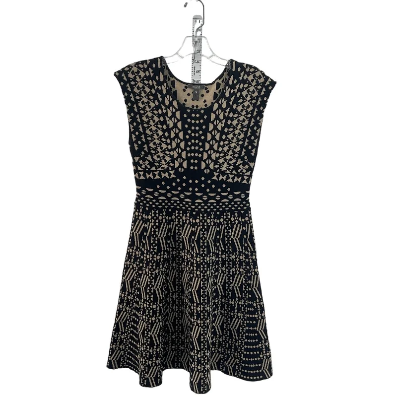 Muse Black Beige Jacquard A-Line Fit & Flare Dress, Medium, Rayon, Womens Comfortable unclassified dresses