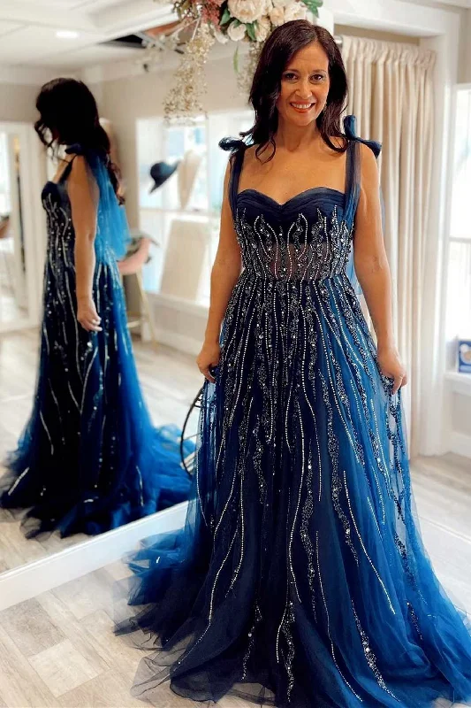 Navy Blue Beaded Sweetheart Tie-Strap A-Line Prom Dress Sequin unclassified dresses