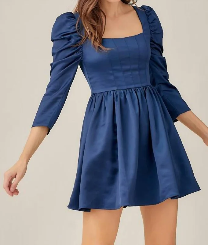 Nikki Puff Sleeve Dress in Lazuli Blue Striped unclassified dresses