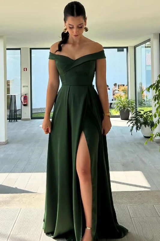 Olive Off-Shoulder V-Neck A-Line Satin Pleated Formal Prom Dress with Slit Spring unclassified dresses