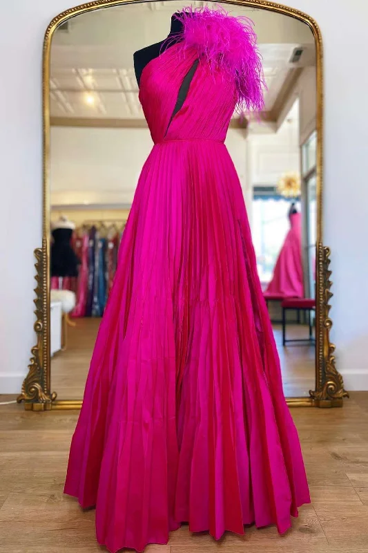 One-Shoulder Neon Pink Keyhole Feathers A-Line Prom Gown Anniversary unclassified dresses