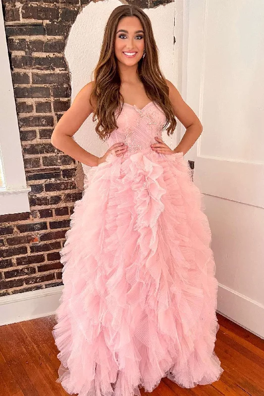 Pink Beaded Strapless Tiered Prom Dress with Ruffles Preppy unclassified dresses