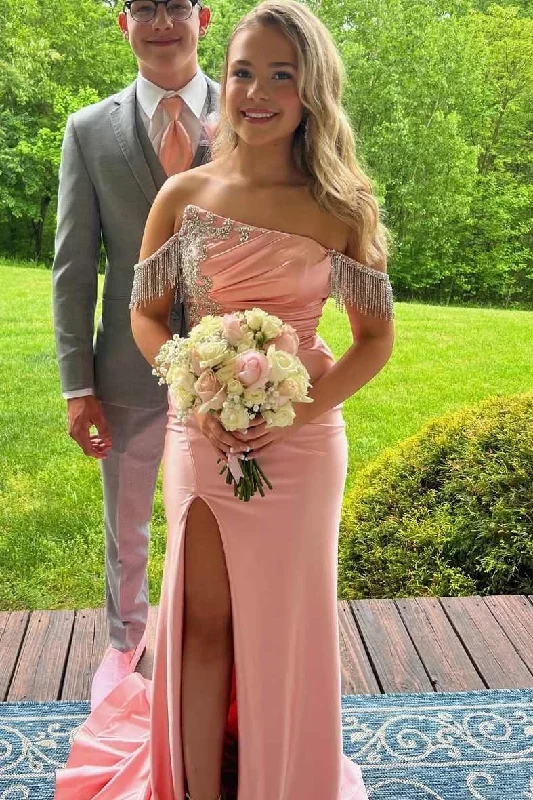 Pink Off-Shoulder Mermaid Satin Tassels Formal Prom Dress with Slit Bold pattern unclassified dresses