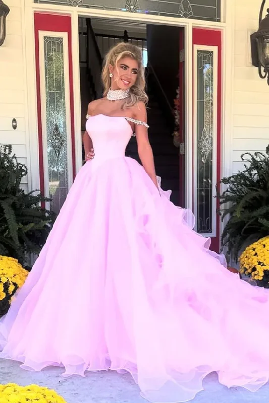 Pink Off-Shoulder Ruched Beads Ball Gown Princess Prom Formal Dress Everyday wear unclassified dresses