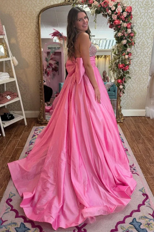 Pink Spaghetti Straps Beads Empire-Waist Pleated Formal Prom Dress with Bow Chic unclassified dresses