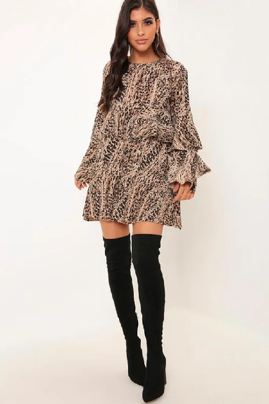 Leopard Print Pleated Flare Sleeve Smock Dress Winter unclassified dresses