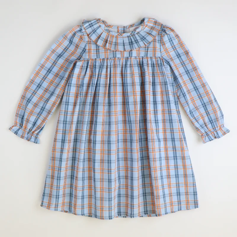 Pleated Ruffle Neck Dress - Orange & Blue Plaid Chiffon unclassified dresses