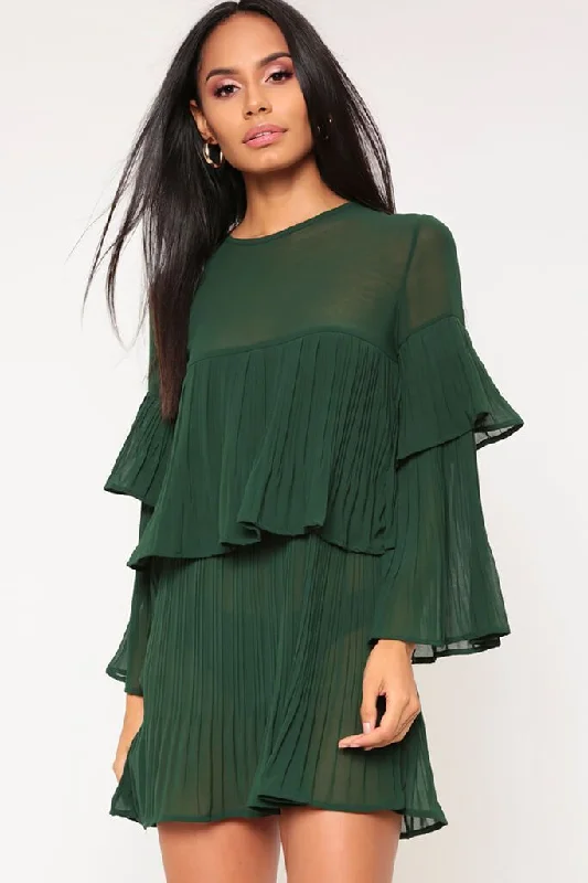 Emerald Green Pleated Sheer Smock Dress Club unclassified dresses