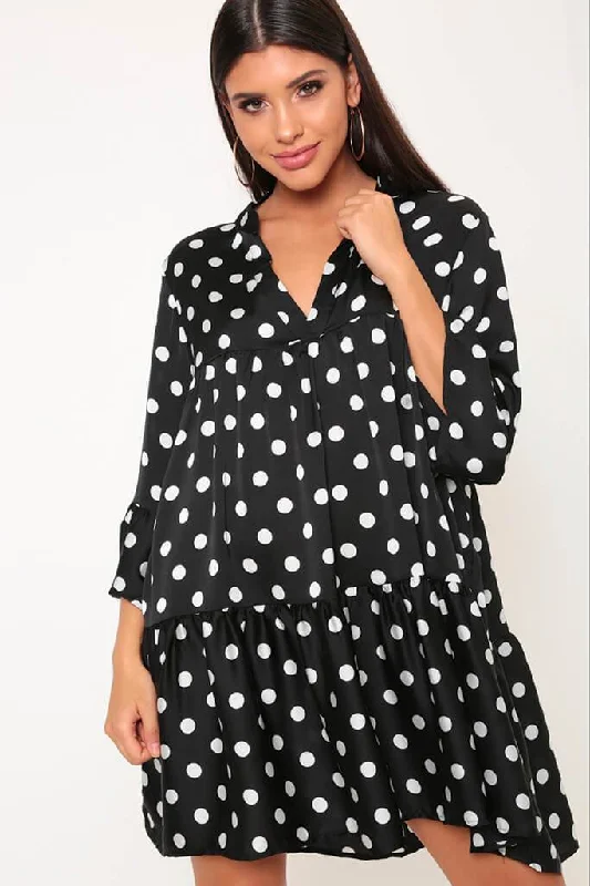 Black/White Polka Dot Satin Smock Dress Office unclassified dresses