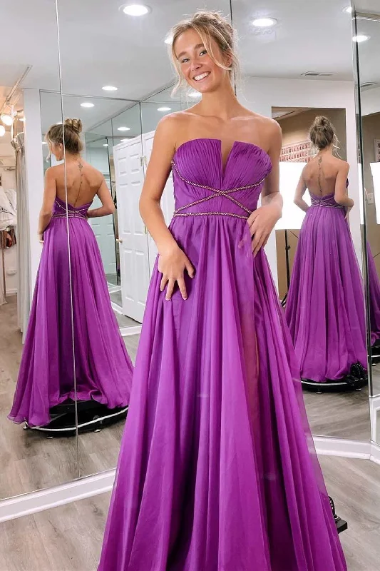 Purple Strapless Open Back A-Line Prom Dress Striped unclassified dresses