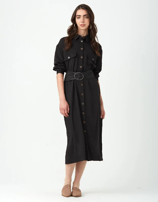 Rayon Button Down Dress with Cargo Pockets Black Discounted unclassified dresses