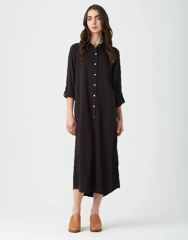 Rayon Button Down Dress with Tabbed Sleeves Black Holiday unclassified dresses