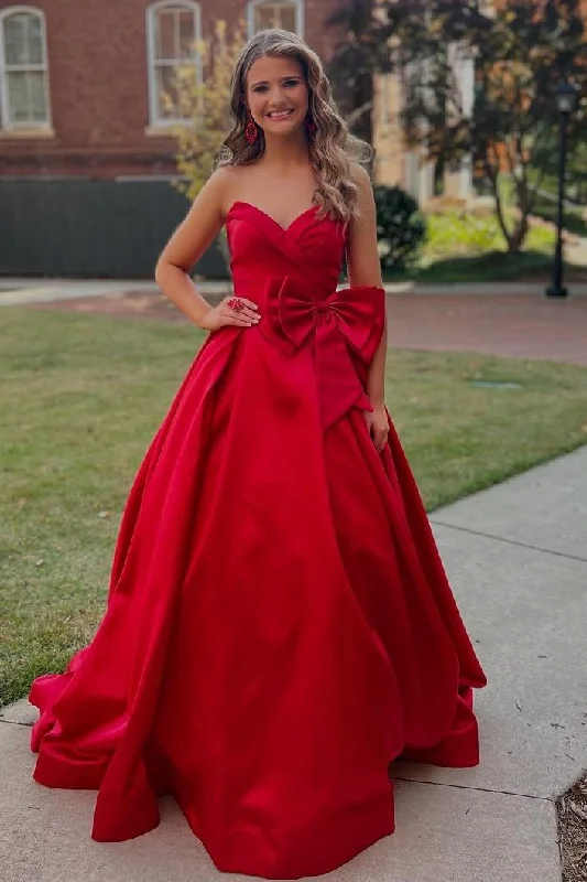 Red Strapless A-Line Empire-Waist Satin Pleated Formal Prom Dress with Bow Breathable unclassified dresses