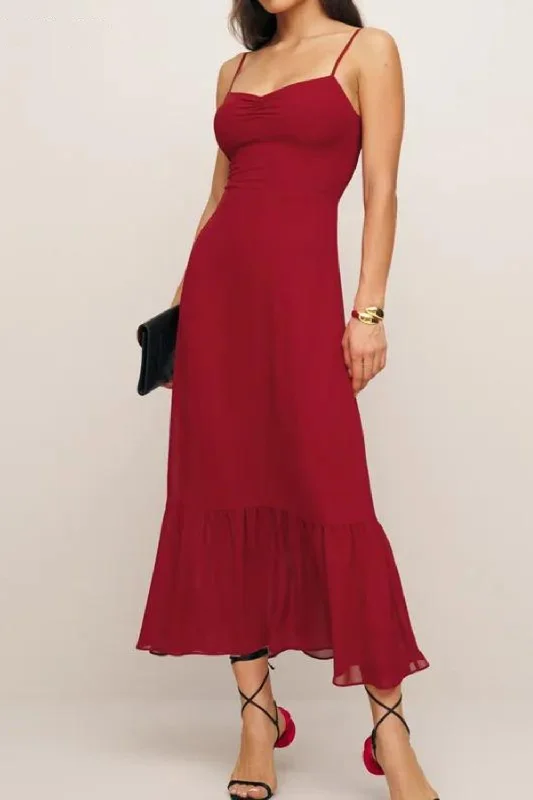 Retro French Style Solid Dark Red Ruched V neck Sling Dress Women Everyday wear unclassified dresses