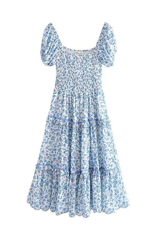 Retro French Style Women White Blue Flower Holiday Dress Lightweight unclassified dresses