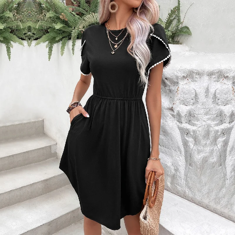 Round Neck Petal Sleeve Dress with Pockets Street style unclassified dresses