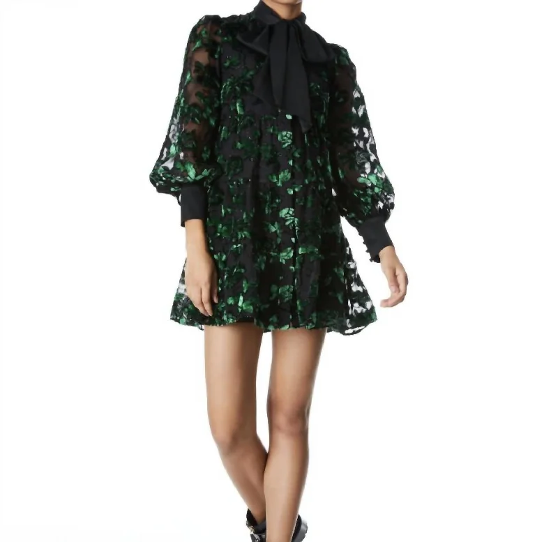 Rowen Bow Neck Blouson Sleeve Dress in Black/Emerald Elegant unclassified dresses