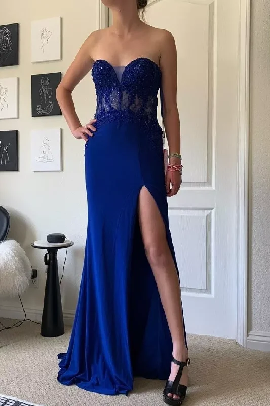 Royal Blue Strapless Sweetheart Appliques Prom Dress with Slit Anniversary unclassified dresses