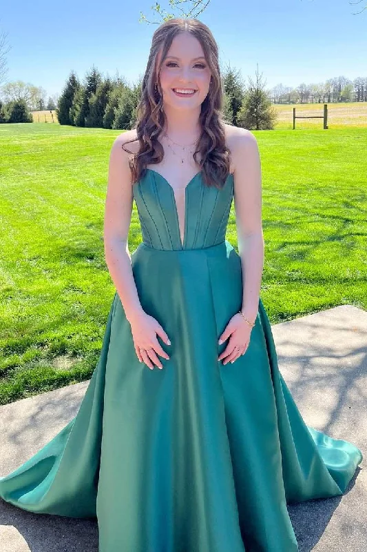 Satin Green Strapless Deep V-Neck A-Line Prom Formal Dress with Train Budget-friendly unclassified dresses