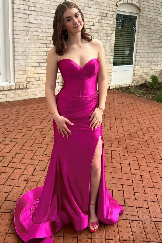 Satin Mermaid Strapless V-Neck Sleeveless Pleated Formal Prom Dress with Slit Corset unclassified dresses