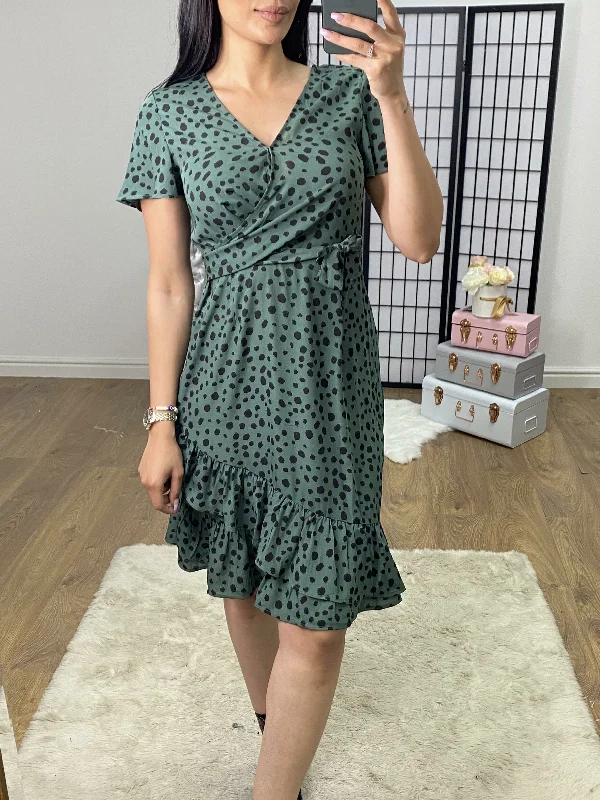 Sebrine Green Polka Dot Printed Ruffle Wrap Dress Chic unclassified dresses