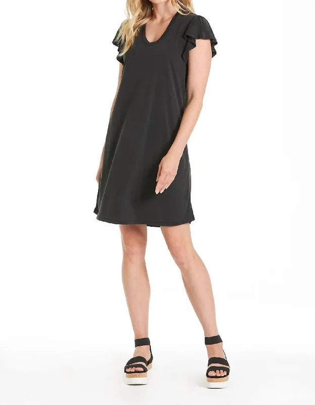 Sigrid Ruffle Sleeve V Neck Dress in Black Dark color unclassified dresses