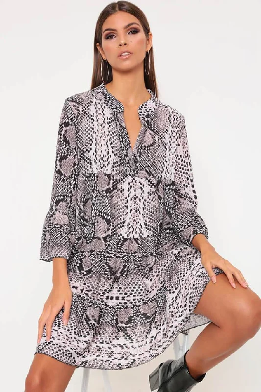 Grey Snake Print Flared Sleeve Smock Dress Fall unclassified dresses