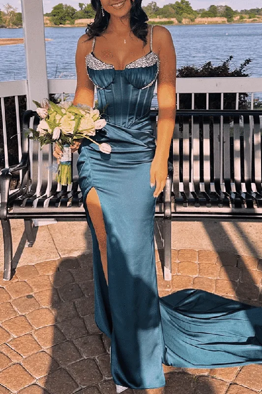 Spaghetti Straps Beads Pleated Satin Mermaid Prom Formal Dress with Slit Long unclassified dresses