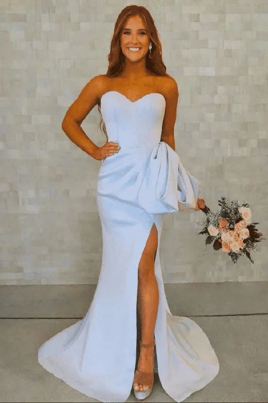 Strapless Mermaid Sweetheart Bow Sleeveless Satin Prom Dress with Slit Bodycon unclassified dresses