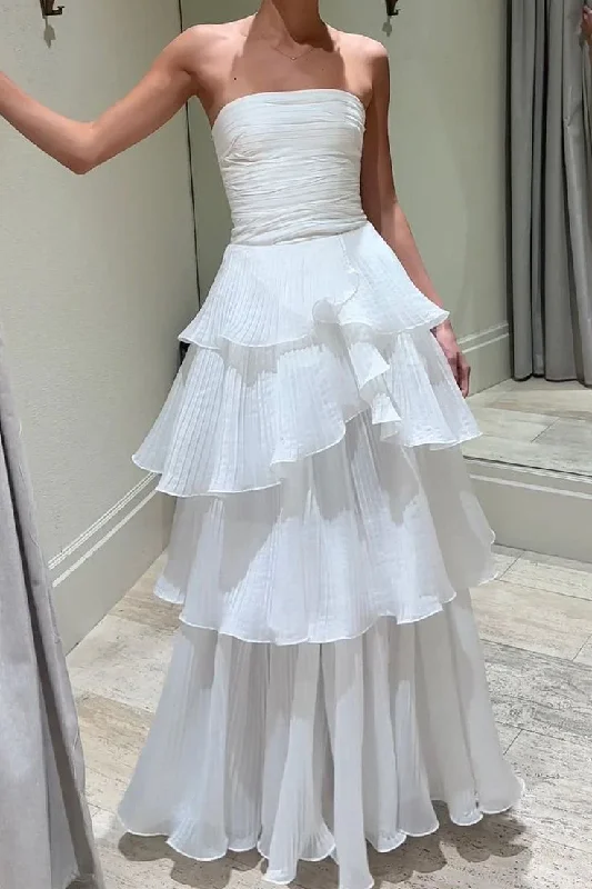 Strapless Tiered Scoop Sleeveless Ruffles White Prom Formal Dress Anniversary unclassified dresses