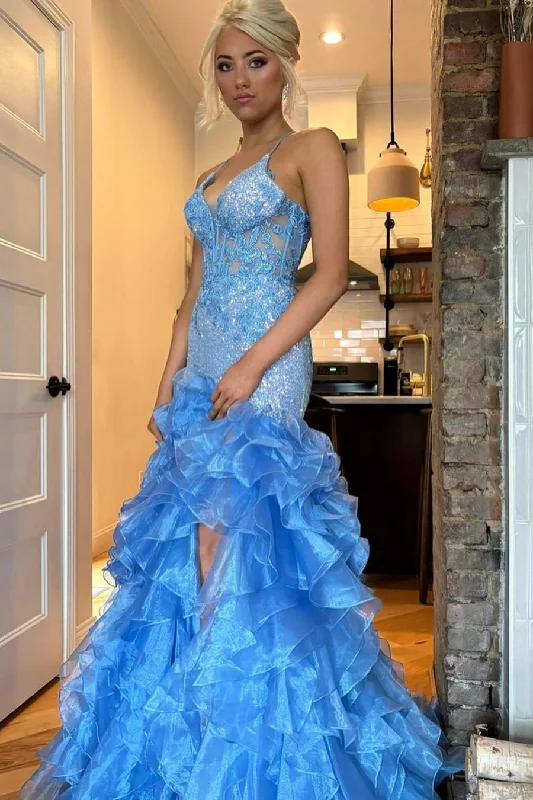 Stunning Mermaid V-Neck Ruffles Appliques Prom Dress with Slit Casual chic unclassified dresses