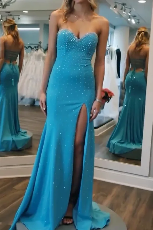 Sweetheart Strapless Mermaid Beads Sleeveless Formal Prom Dress with Slit Street style unclassified dresses