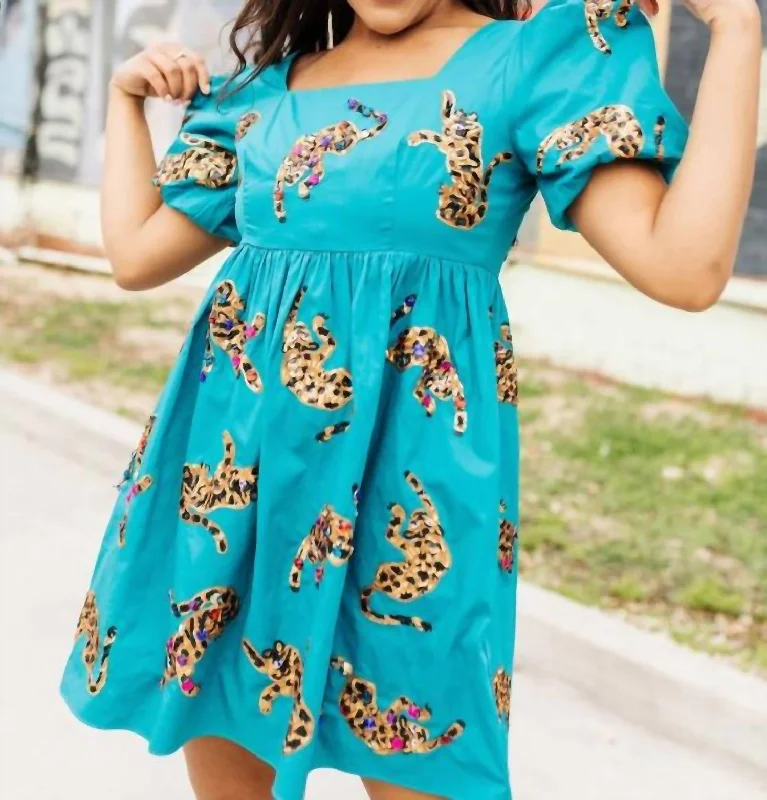 Teal Leopard Dress in Teal Ruched unclassified dresses